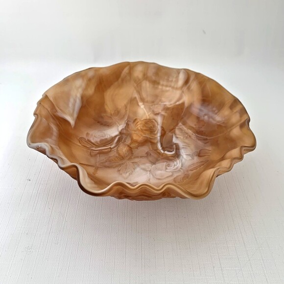 Caramel Rose Slag Glass Dish Imperial Bowl Ruffled Rim Embossed Foil Label Vtg - Picture 2 of 6